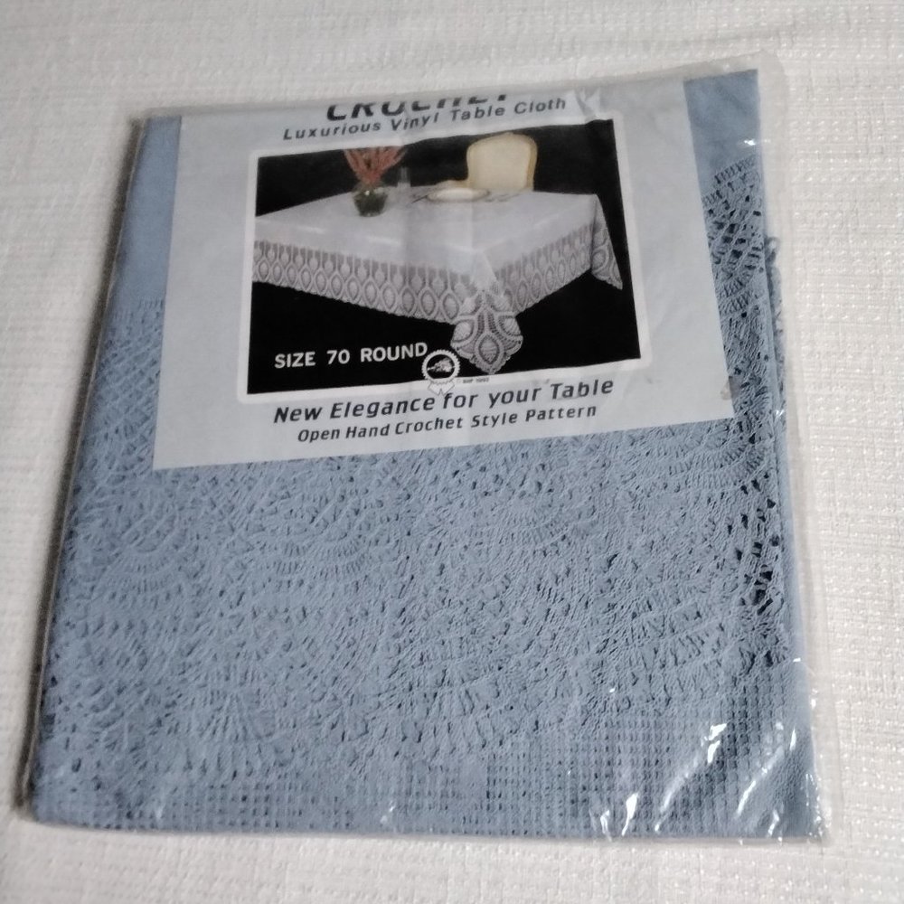 Crochet Luxurious Vinyl Tablecloth Pale Blue 70" Round Diameter Crotchet Style